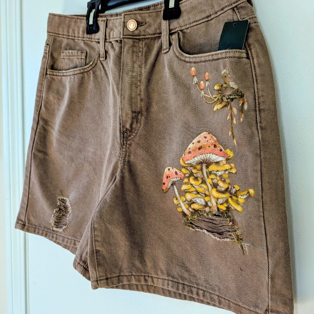 Handpainted Spring Mushroom Shorts Handmade Artistic Streetwear